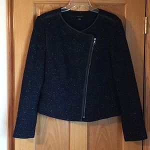 Ann Taylor Navy Tweed Moto Inspired Jacket with Black Trim Size 14